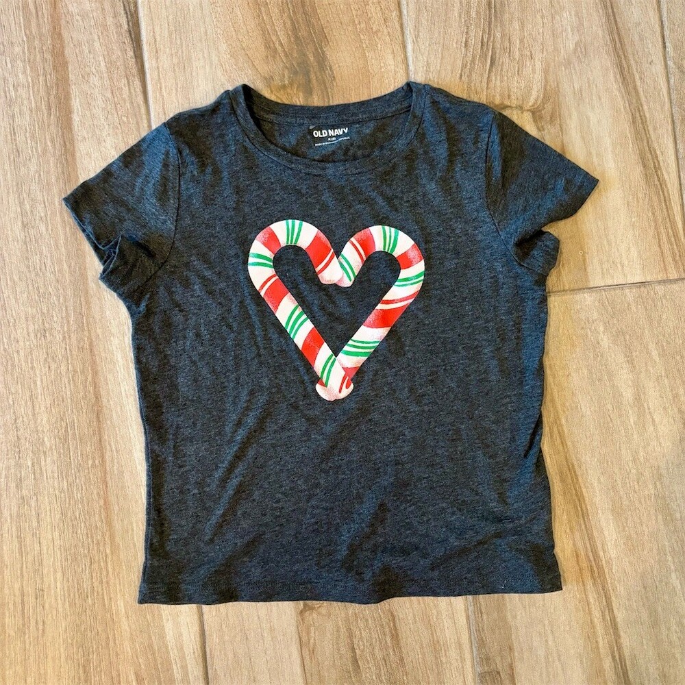 Old Navy Girls Graphic T-Shirt Heather Gray Candy Cane Heart Christmas M
